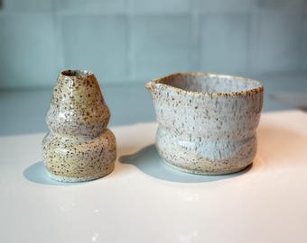 Wheel Thrown Ceramic Matcha Set - Stoneware Pouring Bowl & Whisk Holder | Speckled Pottery | Artisan Tea Ceremony Gift
