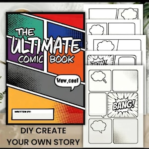 May include: A comic book with a colorful cover, featuring the text "THE ULTIMATE COMIC BOOK". The cover has a comic book style design with speech bubbles and the words "Wow, cool". Includes blank comic book pages for creating your own stories.