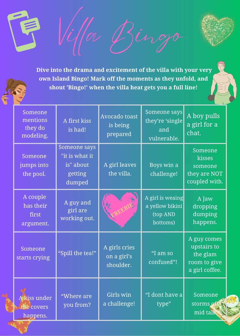 Love Island USA Bingo Dryckesspel Utskrivbart | Titta på Partyspel | Möhippaspel | Tjejkväll | Digital nedladdning bild 5