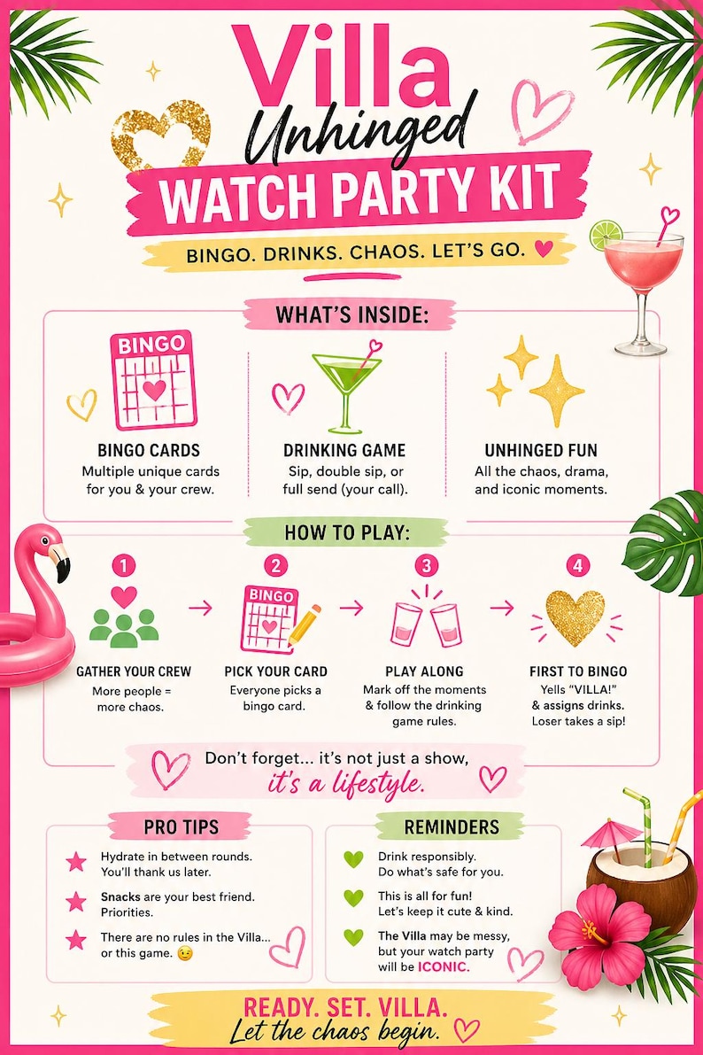 Love Island USA Bingo Dryckesspel Utskrivbart | Titta på Partyspel | Möhippaspel | Tjejkväll | Digital nedladdning bild 3