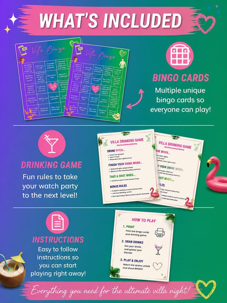 Love Island USA Bingo Dryckesspel Utskrivbart | Titta på Partyspel | Möhippaspel | Tjejkväll | Digital nedladdning bild 2