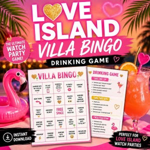 Love Island USA Bingo Dryckesspel Utskrivbart | Titta på Partyspel | Möhippaspel | Tjejkväll | Digital nedladdning bild 1