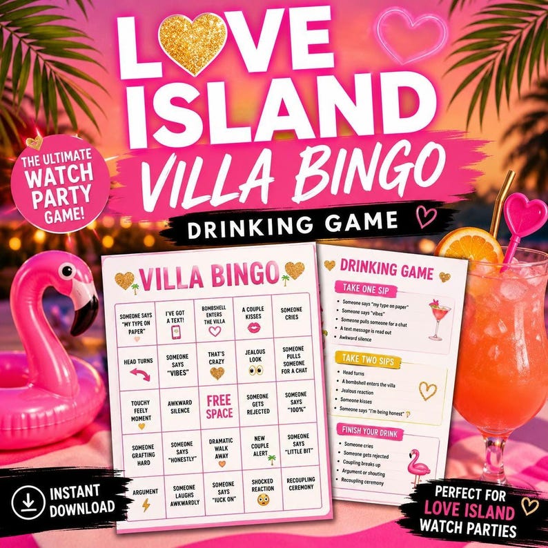 Love Island USA Bingo Dryckesspel Utskrivbart | Titta på Partyspel | Möhippaspel | Tjejkväll | Digital nedladdning bild 1