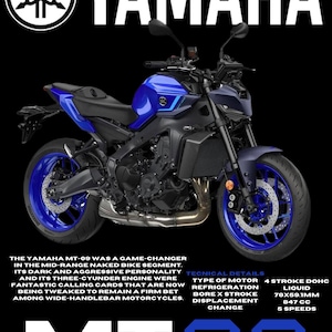 May include: A blue Yamaha MT-09 motorcycle with black accents. The motorcycle has a black seat, black handlebars, and black wheels with blue rims. The motorcycle is on a black background. The text "MT-09" is in white letters on a black background.
