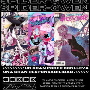 Pu&ograve; includere: Una copertina di fumetto con Spider-Gwen, una supereroina femminile con un costume a tema ragno. La copertina &egrave; rosa, bianca e nera con il testo "Spider-Gwen Ghost Spider" e "Marvel" in grandi caratteri grassetto. Il testo "Un gran poder conlleva una gran responsabilidad" &egrave; anche visibile sulla copertina.
