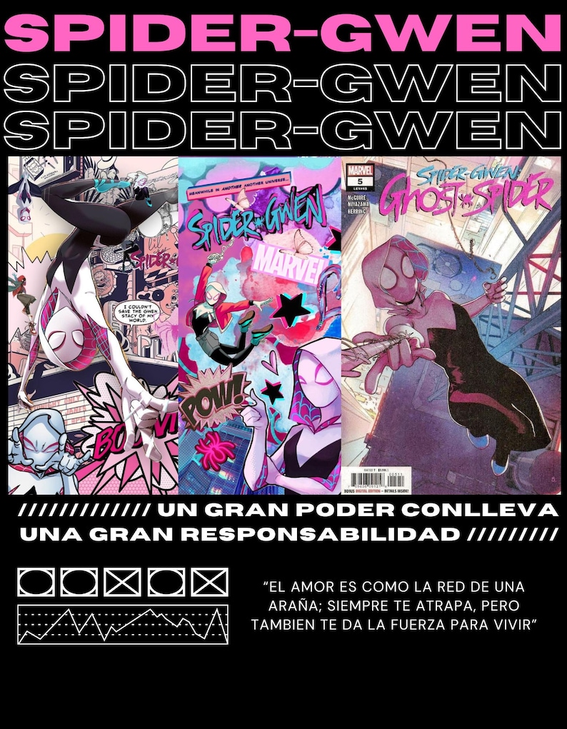 Pu&ograve; includere: Una copertina di fumetto con Spider-Gwen, una supereroina femminile con un costume a tema ragno. La copertina &egrave; rosa, bianca e nera con il testo "Spider-Gwen Ghost Spider" e "Marvel" in grandi caratteri grassetto. Il testo "Un gran poder conlleva una gran responsabilidad" &egrave; anche visibile sulla copertina.
