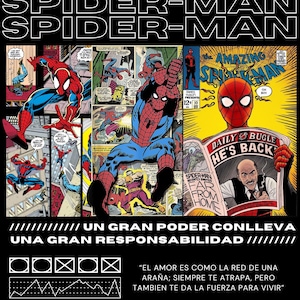 Pu&ograve; includere: Un collage di pannelli di fumetti con Spider-Man in varie pose. I pannelli sono in uno schema di colori rosso, blu e giallo. Il testo "UN GRAN PODER CONLLEVA UNA GRAN RESPONSABILIDAD" &egrave; visualizzato nella parte inferiore dell'immagine. Il testo "EL AMOR ES COMO LA RED DE UNA ARA&Ntilde;A; SIEMPRE TE ATRAPA, PERO TAMBIEN TE DA LA FUERZA PARA VIVIR" &egrave; anche visualizzato nella parte inferiore dell'immagine.