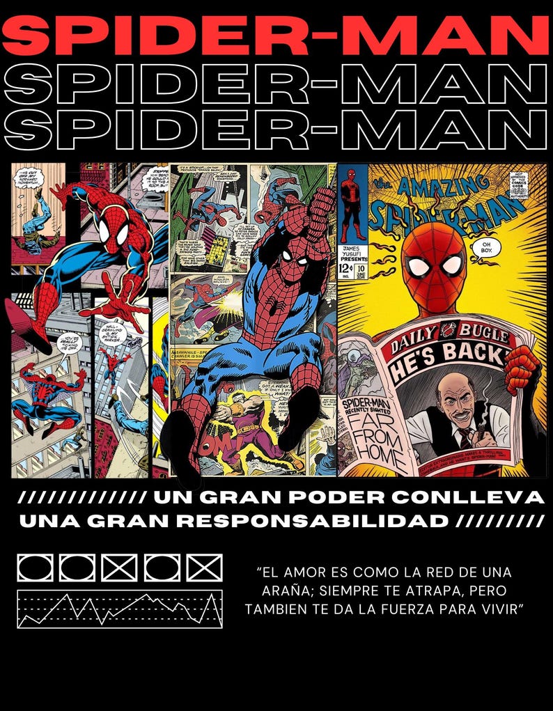 Pu&ograve; includere: Un collage di pannelli di fumetti con Spider-Man in varie pose. I pannelli sono in uno schema di colori rosso, blu e giallo. Il testo "UN GRAN PODER CONLLEVA UNA GRAN RESPONSABILIDAD" &egrave; visualizzato nella parte inferiore dell'immagine. Il testo "EL AMOR ES COMO LA RED DE UNA ARA&Ntilde;A; SIEMPRE TE ATRAPA, PERO TAMBIEN TE DA LA FUERZA PARA VIVIR" &egrave; anche visualizzato nella parte inferiore dell'immagine.