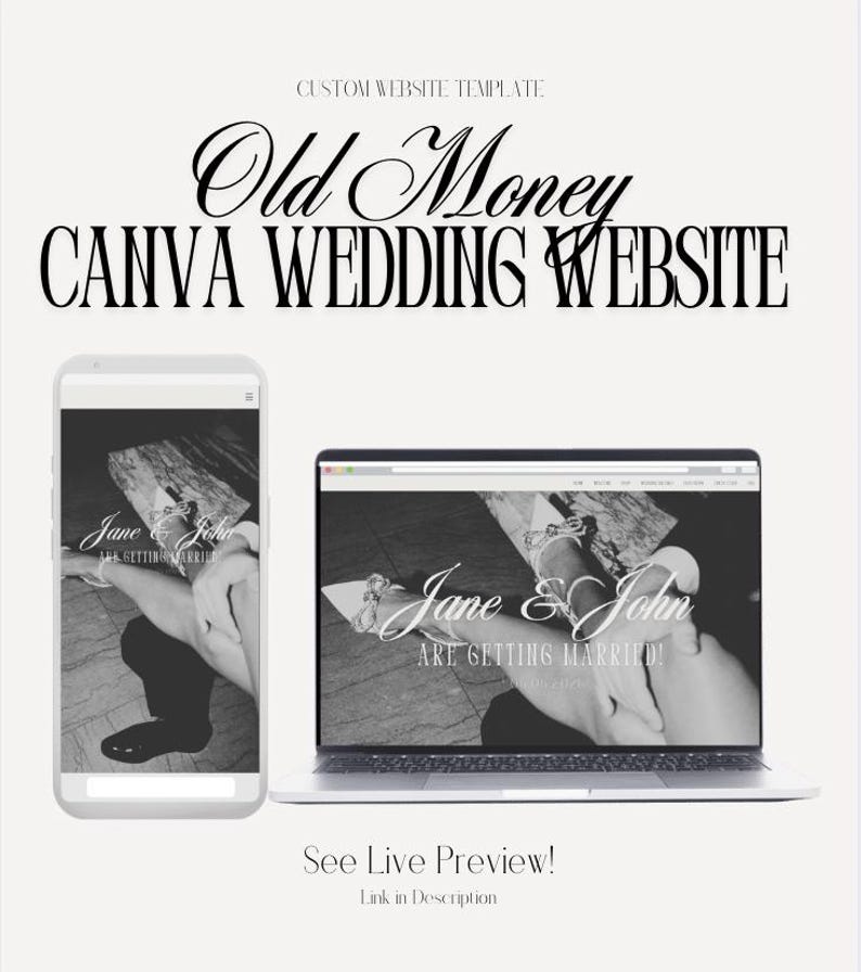 Peut inclure: Une maquette de mod&egrave;le de site Web de mariage sur l'&eacute;cran d'un ordinateur portable. Le site Web est con&ccedil;u dans un sch&eacute;ma de couleurs noir et blanc avec le texte "Jane & John se marient !" Le site Web est con&ccedil;u dans un style "vieille fortune".