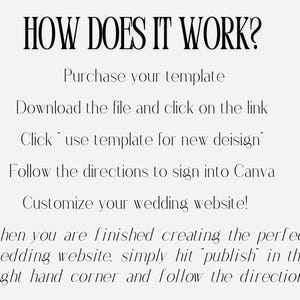 Peut inclure: Un graphique de texte blanc sur un fond blanc avec des instructions sur la fa&ccedil;on d'utiliser un mod&egrave;le Canva pour cr&eacute;er un site Web de mariage. Le texte indique : "COMMENT &Ccedil;A MARCHE ? Achetez votre mod&egrave;le. T&eacute;l&eacute;chargez le fichier et cliquez sur le lien. Cliquez - utilisez le mod&egrave;le pour une nouvelle conception. Suivez les instructions pour vous connecter &agrave; Canva. Personnalisez votre site Web de mariage ! Lorsque vous avez termin&eacute; de cr&eacute;er le site Web de mariage parfait, cliquez simplement sur -publier- dans le coin sup&eacute;rieur droit et suivez les instructions."