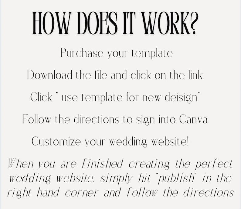 Peut inclure: Un graphique de texte blanc sur un fond blanc avec des instructions sur la fa&ccedil;on d'utiliser un mod&egrave;le Canva pour cr&eacute;er un site Web de mariage. Le texte indique : "COMMENT &Ccedil;A MARCHE ? Achetez votre mod&egrave;le. T&eacute;l&eacute;chargez le fichier et cliquez sur le lien. Cliquez - utilisez le mod&egrave;le pour une nouvelle conception. Suivez les instructions pour vous connecter &agrave; Canva. Personnalisez votre site Web de mariage ! Lorsque vous avez termin&eacute; de cr&eacute;er le site Web de mariage parfait, cliquez simplement sur -publier- dans le coin sup&eacute;rieur droit et suivez les instructions."