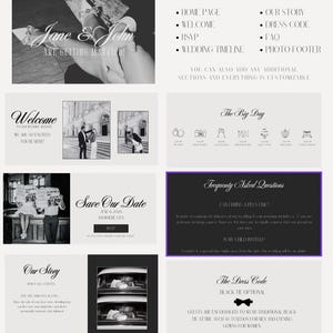 Peut inclure: Mod&egrave;le de site web de mariage avec des sections pour la page d'accueil, l'accueil, le RSVP, la chronologie du mariage, notre histoire, le code vestimentaire, la FAQ et le pied de page photo. Le mod&egrave;le pr&eacute;sente un sch&eacute;ma de couleurs noir et blanc avec un design moderne.