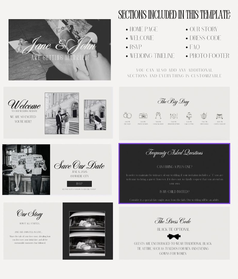 Peut inclure: Mod&egrave;le de site web de mariage avec des sections pour la page d'accueil, l'accueil, le RSVP, la chronologie du mariage, notre histoire, le code vestimentaire, la FAQ et le pied de page photo. Le mod&egrave;le pr&eacute;sente un sch&eacute;ma de couleurs noir et blanc avec un design moderne.