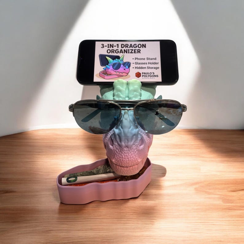 3D printed dragon organizer with sunglasses, phone stand slot, and hidden storage – fantasy desk decor.