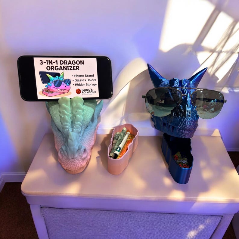 Full 3-in-1 dragon desk organizer holding phone and glasses, fantasy-style office decor.