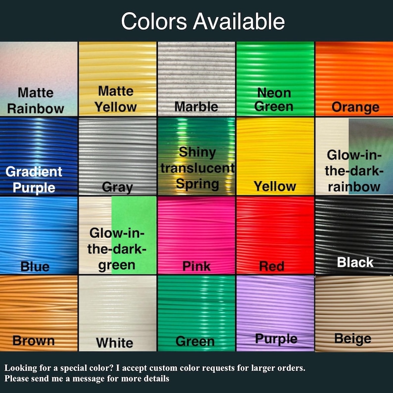 Filament color options for dragon head print, including matte rainbow, marble, and glow colors.