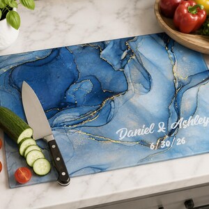 Personalized Blue Marble Glass Cutting Board – Abstract Serving Tray- Custom Wedding Gift