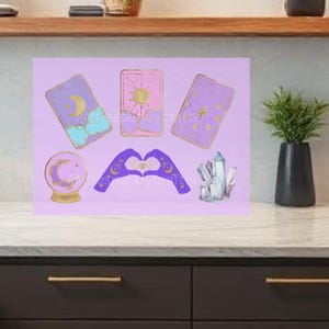 May include: A collection of mystical illustrations on a lavender background. The image features tarot cards, a crystal ball, a heart-shaped hand gesture, and crystals. Gold accents and celestial motifs like moons and suns are present. A small plant in a black vase is on the right.