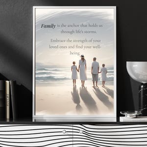 Family Quote Wall Art – Christian Printable, Inspirational Scripture Poster, Beach Scene Decor, Digital Download