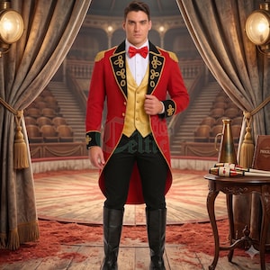 May include: A ringmaster costume featuring a red tailcoat with black and gold trim, a gold waistcoat, a white shirt, and a red bow tie. The ensemble includes black trousers and black knee-high boots, designed with gold epaulets and decorative embroidery.