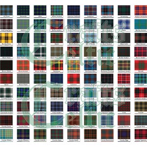 May include: A chart of 100 different tartan patterns, each with a name label. The chart is organized in rows and columns, with each tartan pattern displayed in a square.