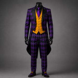 May include: A three-piece suit featuring a tailcoat jacket and trousers in a purple and black diamond harlequin pattern. The ensemble includes a solid mustard yellow vest with a gold chain detail, a purple necktie, and black dress shoes.