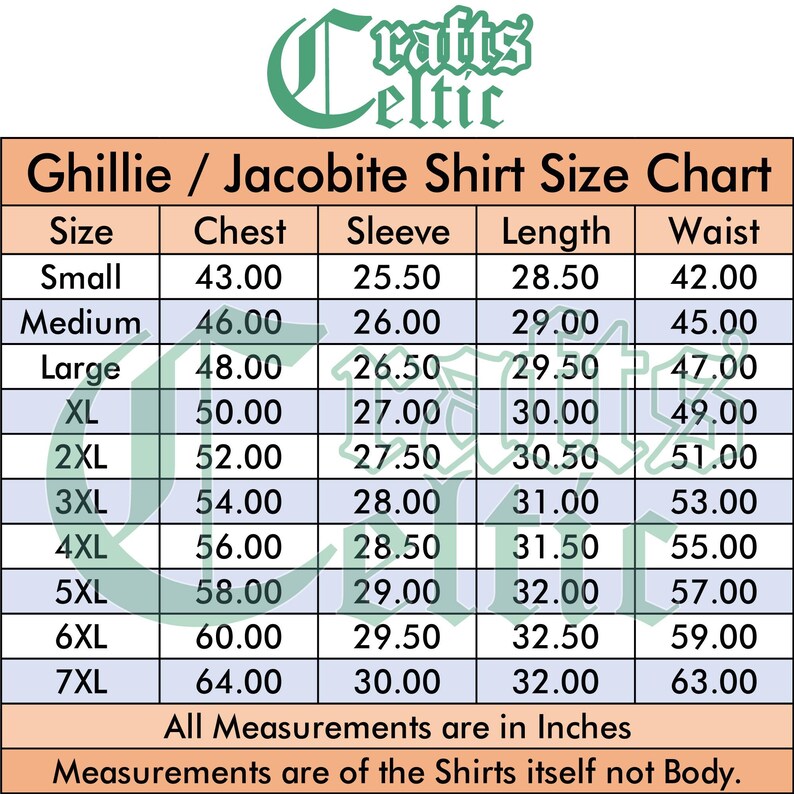 Pu&ograve; includere: Un grafico che mostra la guida alle taglie per le camicie Ghillie / Jacobite. Il grafico elenca le taglie dalla S alla 7XL con le misure corrispondenti in pollici per il petto, la manica, la lunghezza e la vita.