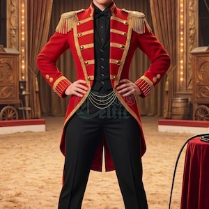 May include: A red tailcoat jacket featuring gold braided trim, gold buttons, and fringed epaulets, worn over a black vest, black shirt with a black bowtie, and black trousers. A gold chain is draped across the front of the black vest.