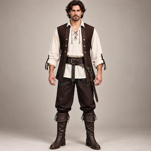 May include: A cream-coloured long-sleeved shirt with a lace-up neckline, paired with a dark brown sleeveless vest featuring metallic buttons. The outfit includes dark brown trousers and matching brown leather boots with a wide cuff and a belt.