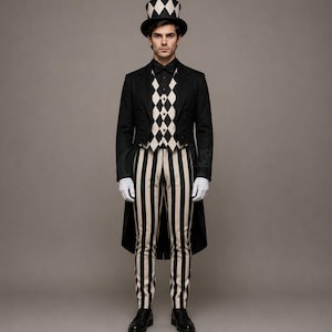 May include: A formal ensemble featuring a black tailcoat, a black and white diamond-patterned waistcoat, and black and white vertical striped trousers. The outfit includes a matching black and white diamond-patterned top hat and white gloves.