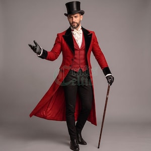 May include: A red tailcoat with black velvet lapels, a matching red vest, a white dress shirt with a white cravat, and black trousers. The ensemble includes a black top hat, black leather gloves, and a wooden walking cane with a silver handle.