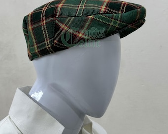 May include: A green, red, and yellow plaid flat cap with a slightly curved brim.