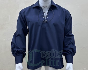 Camicia Ghillie in cotone blu navy: camicia kilt giacobita scozzese