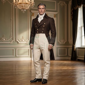 May include: A dark brown tailcoat with gold buttons worn over a white cravat and high-waisted cream trousers. The ensemble includes a white collared shirt and black leather shoes, presenting a formal historical aesthetic with a structured fit.