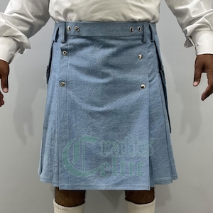 Traditional Blue Denim Utility Kilt - Handmade Sky Blue Denim Kilt Mens - Classic Hybrid Utility Kilt Made with Denim Fabric