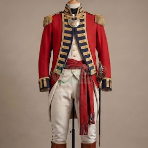 Anpassad brittisk officersuniform — Handgjord militärrock i ull från 1700-talet med epåletter | Kostym för återskapande och cosplay