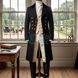 May include: A black long coat with gold buttons, a cream-colored waistcoat, a white cravat, cream trousers, and black knee-high boots displayed on a mannequin. The ensemble features a dark velvet collar and a structured, formal appearance.