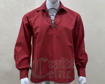 Red Cotton Ghillie Shirt: Traditional Scottish Jacobite Kilt Shirt