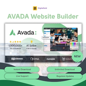 Puede incluir: Imagen promocional para Avada Website Builder. La imagen presenta el logotipo de Avada, una captura de pantalla de la interfaz del creador de sitios web y texto que destaca características como descargas instantáneas e ilimitadas, soporte en vivo y actualizaciones periódicas.