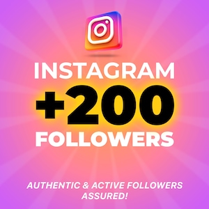 May include: A vibrant graphic promoting Instagram followers. The image features the Instagram logo, the text "INSTAGRAM +200 FOLLOWERS", and the tagline "AUTHENTIC & ACTIVE FOLLOWERS ASSURED!" on a gradient pink and orange background.
