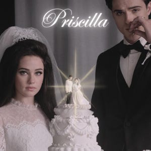Pode incluir: Um bolo de casamento com cobertura branca e um topo de bolo com a noiva e o noivo. O bolo está em um suporte branco de três camadas. Uma noiva e um noivo estão em pé na frente do bolo. A noiva está vestindo um vestido branco e um véu. O noivo está vestindo um terno preto e uma gravata. A palavra "Priscilla" está escrita em itálico no fundo.