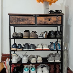 Wood & Metal Shoe Rack With 2 Drawer | Shoe Organizer | Entryway Shoe Rack | Narrow Shoe Storage | Shoe Shelf | Shoe Cabinet