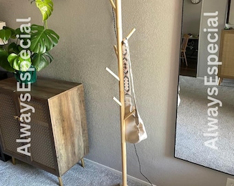 Adjustable Wood Freestanding Coat Rack with 8 Hooks | Garment Rack | Hat Rack | Modern Coat Rack | Clothing Rack | Entryway Coat Rack