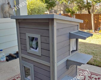 2 Tier Wooden Cat House | Outdoor Cat House | Indoor Cat House | Kitty Condo with Escape Door | Cat Furniture | Cat Lover Gift