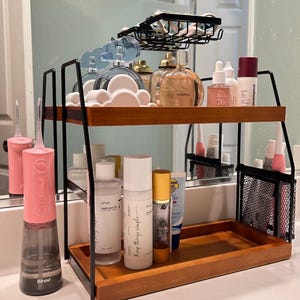 2 Tier Bathroom Counter Organizer with Basket | Vanity Organizer | Makeup Organizer | Skincare Organizer | Desk Organizer | Storage Shelf