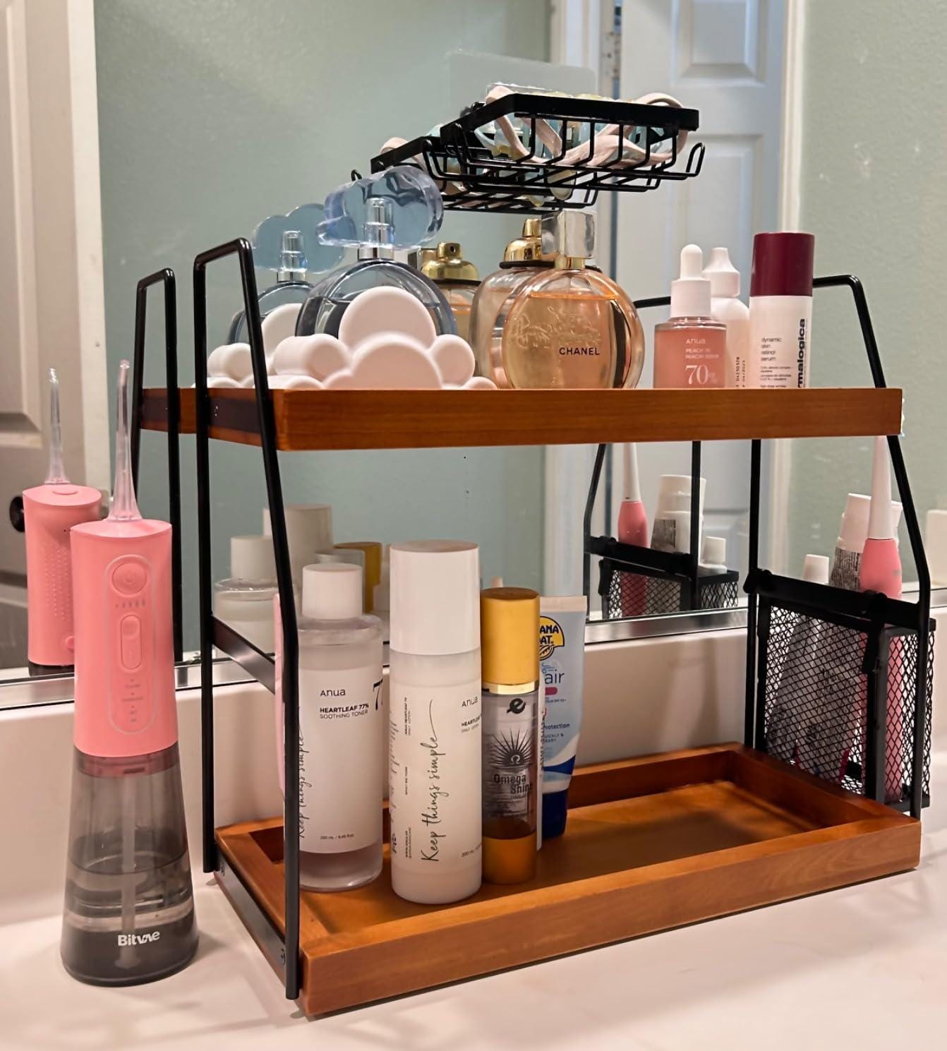 2 Tier Bathroom Counter Organizer with Basket | Vanity Organizer | Makeup Organizer | Skincare Organizer | Desk Organizer | Storage Shelf