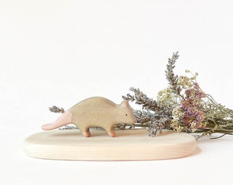 possum wooden forest animal toy, opossum miniature figurine gift for animal lover