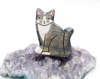 Handmade Wooden Cat Figurine: Waldorf Animal Toy, Cat Lover Gift