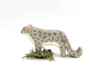 snow leopard wooden figurine, natural animal toys for toddlers