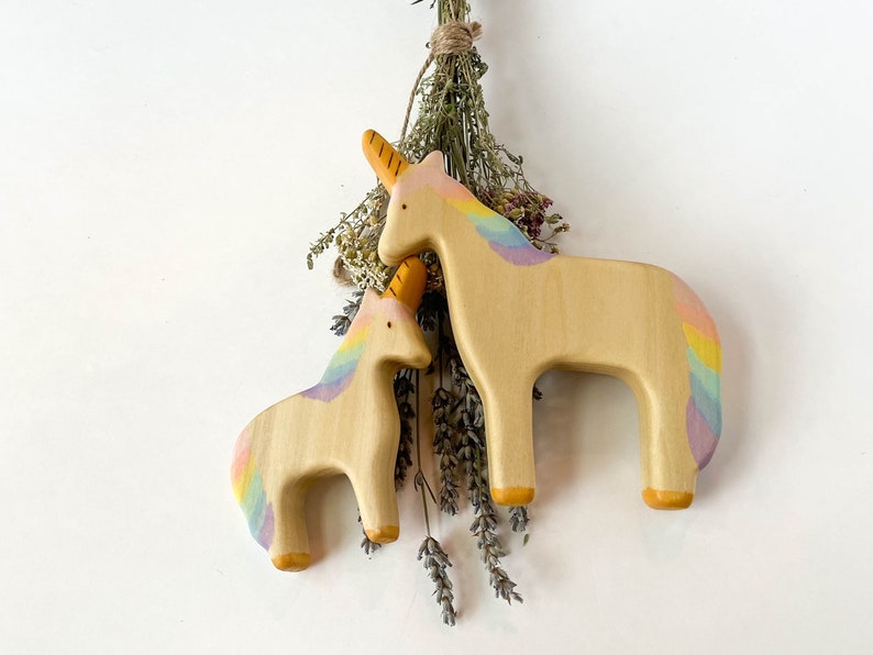 unicorn wooden toy, natural wood animal toys for toddlers, birthday cake topper for child, mythical animal figurines image 2